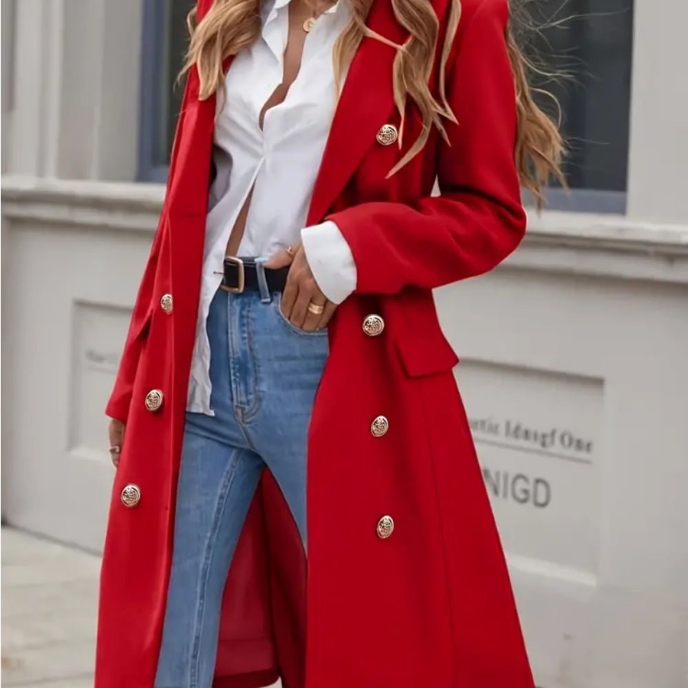 NWT Double-breasted Lapel Coat, Elegant Solid Long Sleeve Knee Length Coat